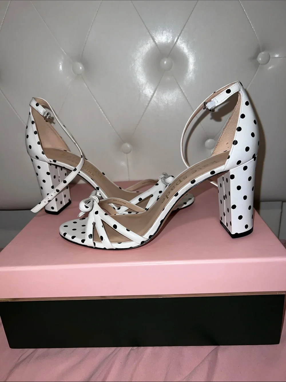 kate spade White with Black Polka Dot Bow Ankle-Strap Heels - Picture 4 of 8